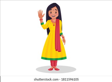 Punjabi girl is waving hand. Vector graphic illustration. Individually on white background.