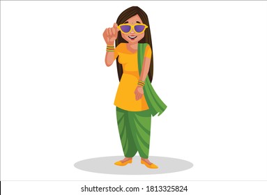 Punjabi girl is wearing sunglasses. Vector graphic illustration. Individually on white background.