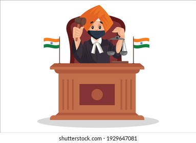 Punjabi judge is holding scales and hammer in hand. Vector graphic illustration. Individually on white background.