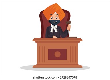 Punjabi judge is sitting in courtroom and holding a hammer in hand. Vector graphic illustration.  Individually on white background.