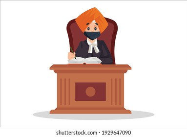 Punjabi judge is sitting on chair and writing in notebook. Vector graphic illustration. Individually on white background.