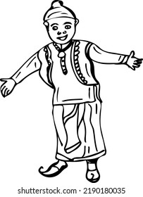 Punjabi kid in dhoti kurta dress line art vector, Sketch drawing of punjabi boy in traditional dress, Silhouette of Indian sikh kid