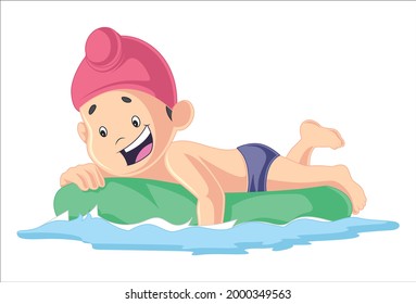 Punjabi kid is lay down on the boat and playing with water. Vector graphic illustration. Individually on a white background.