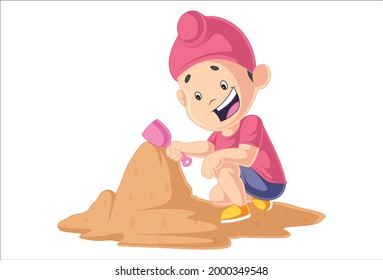 Un niño punjabí está jugando con arena. Ilustración gráfica vectorial. Individualmente sobre un fondo blanco.