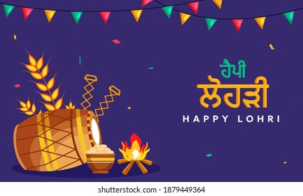 Punjabi Language Happy Lohri Text With Festival Elements And Bunting Flags On Violet Background.