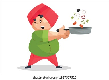 Punjabi man is cooking food in fry pan. Vector graphic illustration. Individually on a white background.