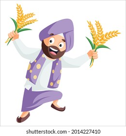 El hombre punyabí está bailando y sosteniendo trigo en mano. Ilustración gráfica vectorial. Individualmente sobre un fondo blanco.