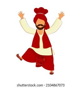 Punjabi Man Doing Bhangra Dance In Traditional Clothes.