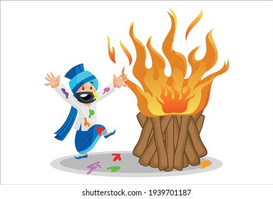 Punjabi man is excited and standing near the fire. Vector graphic illustration. Individually on white background.