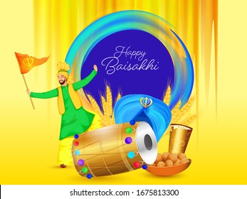 Punjabi Man holding Khanda Flag in Bhangra Dance with Dhol, Turban, Wheat Ear, Indian Sweet and Glass of Lassi on Yellow and Blue Mesh Background.