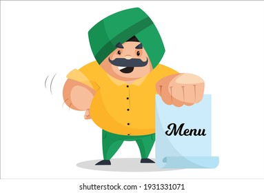 Punjabi man is holding a menu in hand. Vector graphic illustration. Individually on a white background.