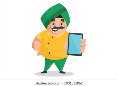 Punjabi man is holding a mobile phone in hand. Vector graphic illustration. Individually on a white background.