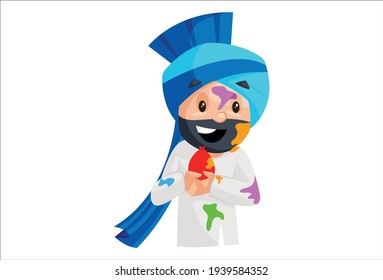 Punjabi Man Is Holding Water Balloon In Hand. Vector Graphic Illustration. Individually On White Background. 