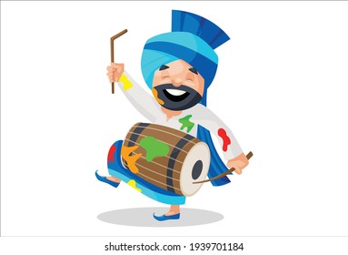 Punjabi man is playing dhol and dancing. Vector graphic illustration. Individually on white background.