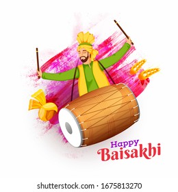 Punjabi Man Playing Dhol with Turban, Wheat Ear and Pink Brush Splash on White Background for Happy Baisakhi Celebration.