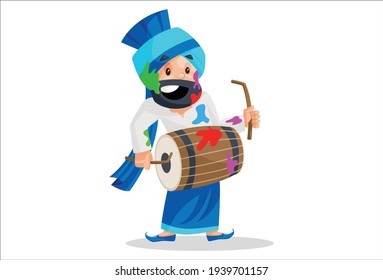 El hombre punyabí está jugando al dhol. Ilustración gráfica vectorial. Individualmente sobre fondo blanco. 