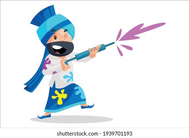 Punjabi man is playing Holi with pichkari. Vector graphic illustration. Individually on white background.