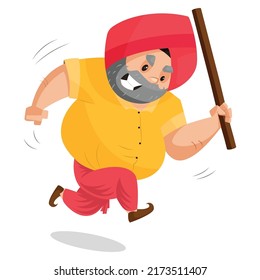 Punjabi man is running to beat with stick. Vector graphic illustration. Individually on a white background.