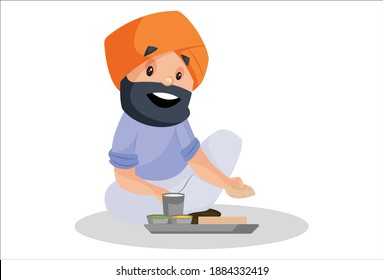 Punjabi man is sitting and eating food. Vector graphic illustration. Individually on a white background.