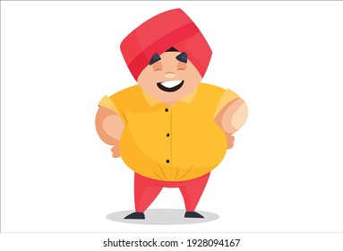 Punjabi man is standing with both hands on his waist. Vector graphic illustration. Individually on a white background.