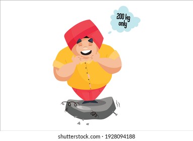 Punjabi man is standing on the weighing machine and smiling to see its weight is 200kg only. Vector graphic illustration. Individually on a white background.