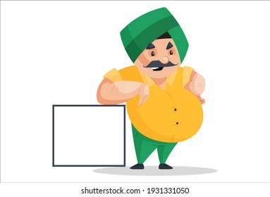 Punjabi man is standing with a whiteboard. Vector graphic illustration. Individually on a white background.