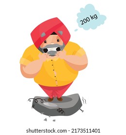 Punjabi man is surprised with his weight. Vector graphic illustration. Individually on a white background.