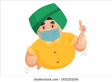 Punjabi man is wearing a mask and showing finger. Vector graphic illustration. Individually on a white background.