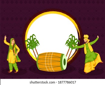 Punjabi Man And Woman Doing Bhangra Dance With Dhol Instrument, Sugarcane And Space For Text On Purple Background.