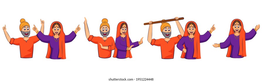 Punjabi Men And Women Doing Folk OR Bhangra Dance On White Background.