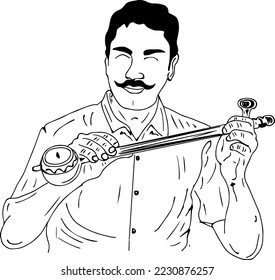 Punjabi music logo, Punjabi music monogram and emblem, Tumbi sketch drawing illustration, young punjabi singer holding traditional music instruments