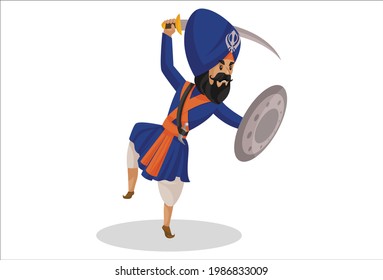 Punjabi nihang sardar with sward and dhal. Vector graphic illustration. Individually on a white background.