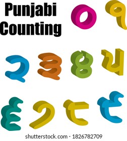 Punjabi Numbers Counting Set in 3D shape, (English translation 0 to 9 Numbers), vector illustration. Flash Card, Number Recognizing practice. Fun exercises. Attention-building Card for children.