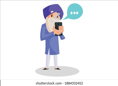 Punjabi old man is chatting on a mobile phone. Vector graphic illustration. Individually on a white background.