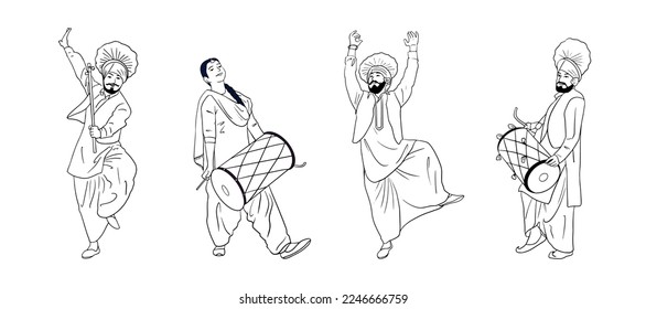 Punjabi people dancing vector outline celebrating Indian festival Lohri.