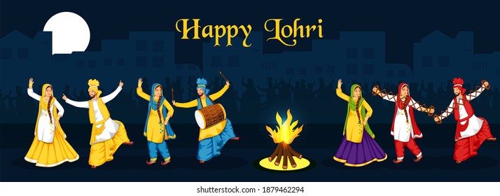 Punjabi People Doing Bhangra Dance With Music Instruments And Bonfire On Blue Full Moon Background For Happy Lohri Celebration.