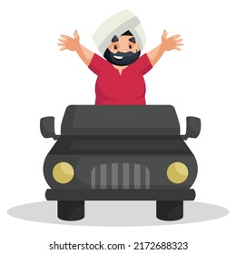 Punjabi politician is standing in a jeep. Vector graphic illustration. Individually on a white background.