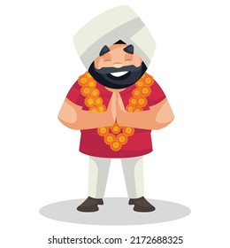 Punjabi politician is wearing flower garland and with greet hands. Vector graphic illustration. Individually on a white background.