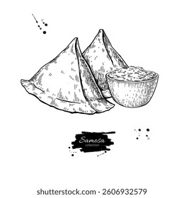 Punjabi Samosa vector food drawing. Indian street food with sauce sketch. Pakistani snacks illustration. Set of samosas isolated on white. Hand drawn object for menu, packaging, label