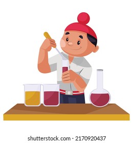 Punjabi schoolboy is doing experiments in the science lab. Vector graphic illustration. Individually on white background. 