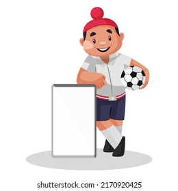 Punjabi schoolboy is holding a football in hand and standing with board. Vector graphic illustration. Individually on a white background. 