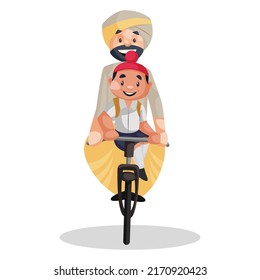 Punjabi schoolboy is sitting on the cycle with his father. Vector graphic illustration. Individually on a white background. 