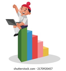 Punjabi schoolboy is sitting on the graph and watching on the laptop. Vector graphic illustration. Individually on a white background.