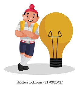 Punjabi schoolboy is standing with an idea bulb. Vector graphic illustration. Individually on white background. 