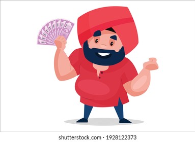 Punjabi shopkeeper is happy and showing money. Vector graphic illustration. Individually on a white background.