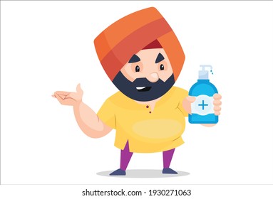 Punjabi shopkeeper is holding sanitizer in hand. Vector graphic illustration. Individually on white background.