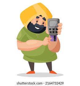 Punjabi shopkeeper is swapping card in machine. Vector graphic illustration. Individually on a white background.	