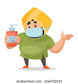 Punjabi shopkeeper is wearing surgical mask and holding sanitizer in hand. Vector graphic illustration. Individually on a white background.
