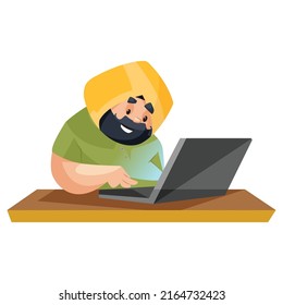 Punjabi Shopkeeper Is Working On Laptop. Vector Graphic Illustration. Individually On A White Background.