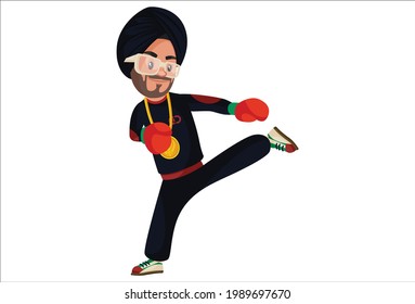 Punjabi singer is doing fighting practice. Vector graphic illustration. Individually on a white background.